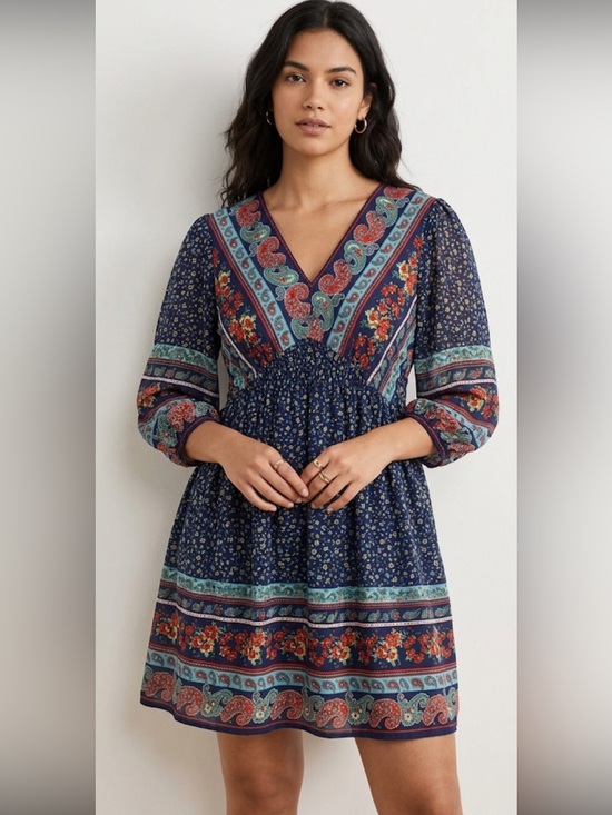 BTFBM Dresses & Skirts - BTFBM Navy Blue Floral Paisley Boho V-Neck Babydoll Mini Dress Medium 7089